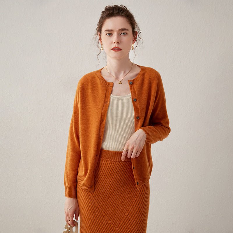 Womens Button Down Cashmere Cardigan Round Neck Long Sleeve Cashmere Sweater Orange XS