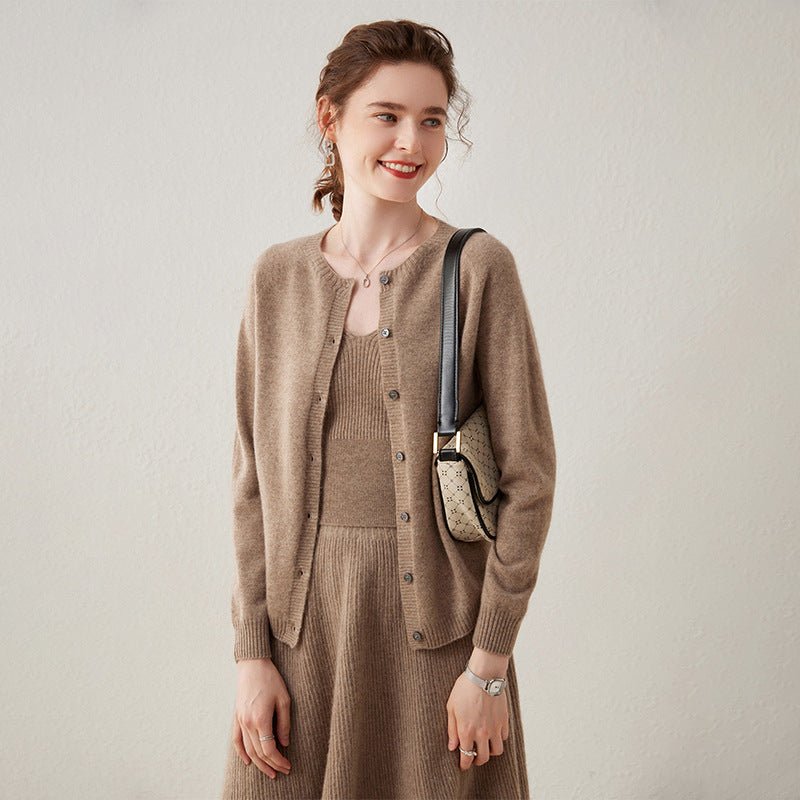Womens Button Down Cashmere Cardigan Round Neck Long Sleeve Cashmere Sweater Taupe XS