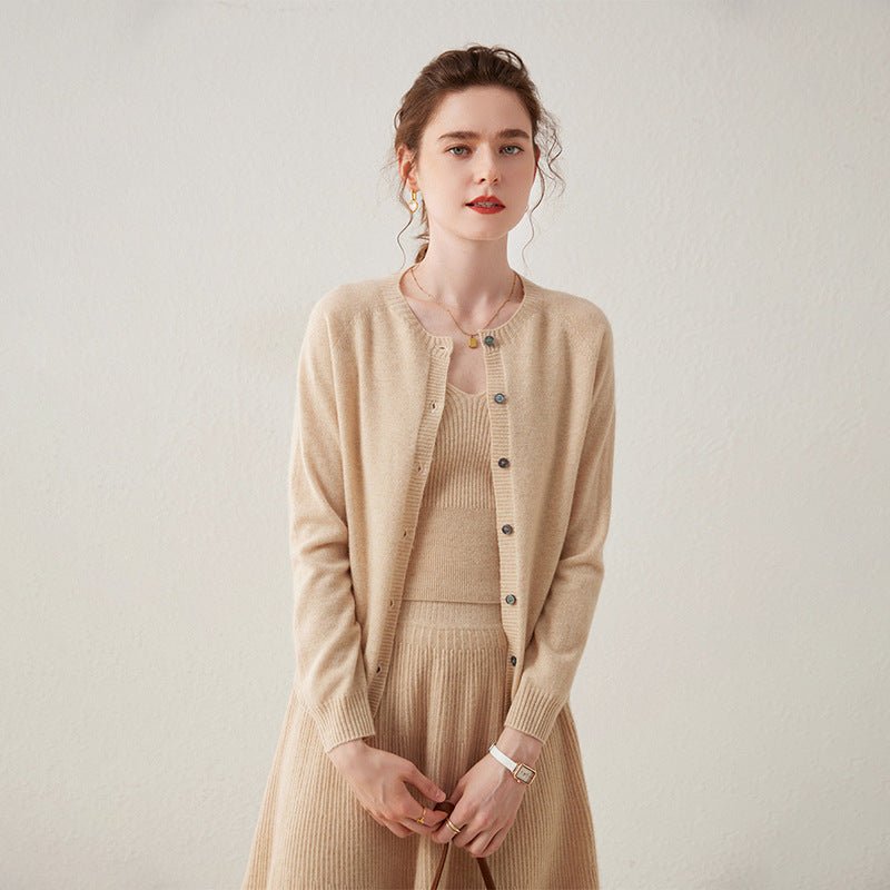 Womens Button Down Cashmere Cardigan Round Neck Long Sleeve Cashmere Sweater Beige XS