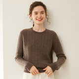Womens Cable Knit Cashmere Sweater Crew Neck Cashmere Top Coffee XS