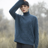 Womens Cable Knit Turtleneck Cashmere Sweater Chunky Cashmere Pullover Blue XS