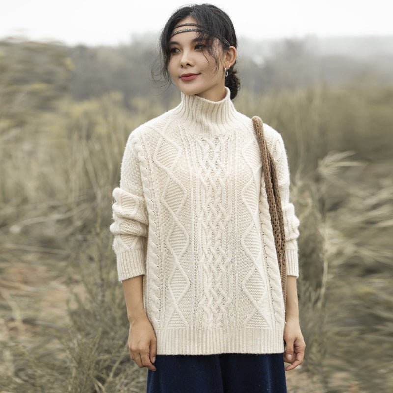 Womens Cable Knit Turtleneck Cashmere Sweater Chunky Cashmere Pullover Beige XS