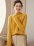 Womens Cable Knitted Cashmere Sweater Half Turtleneck Cashmere Blouses Yellow XS