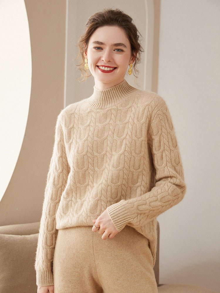 Womens Cable Knitted Cashmere Sweater Half Turtleneck Cashmere Blouses Camel XS
