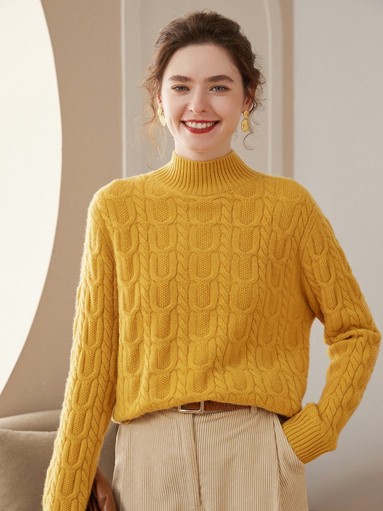 Womens Cable Knitted Cashmere Sweater Half Turtleneck Cashmere Blouses Yellow XS
