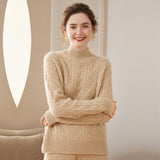 Womens Cable Knitted Cashmere Sweater Half Turtleneck Cashmere Blouses Camel XS