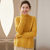 Womens Cable Knitted Cashmere Sweater Half Turtleneck Cashmere Blouses Yellow XS