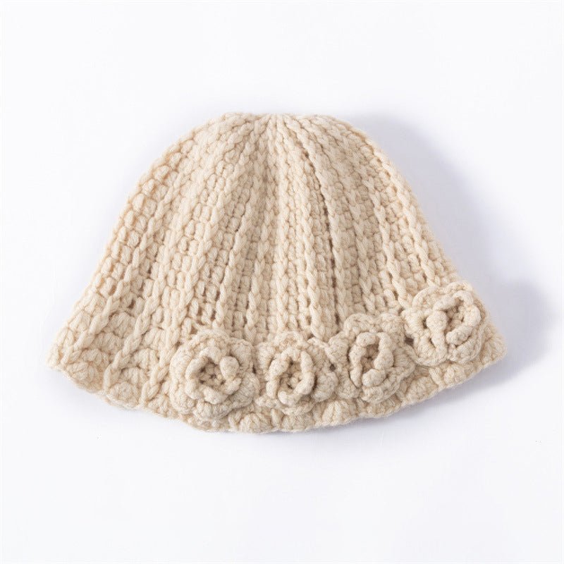 Womens Cashmere Beanie Textured Ribbed Cashmere Bucket Hat with Floral Trim Beige M