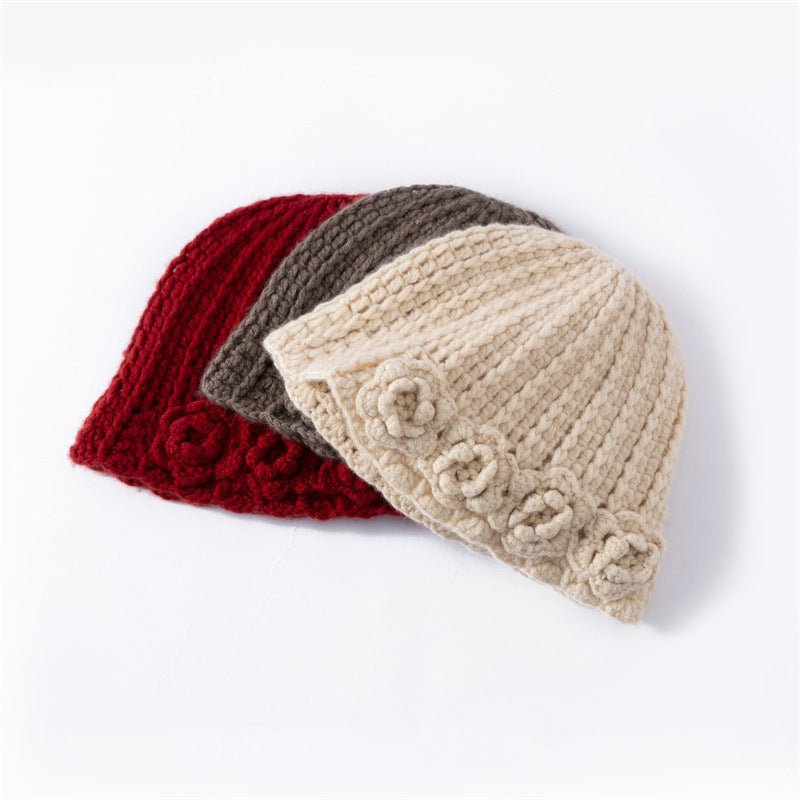 Womens Cashmere Beanie Textured Ribbed Cashmere Bucket Hat with Floral Trim Claret M