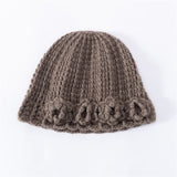 Womens Cashmere Beanie Textured Ribbed Cashmere Bucket Hat with Floral Trim Taupe M