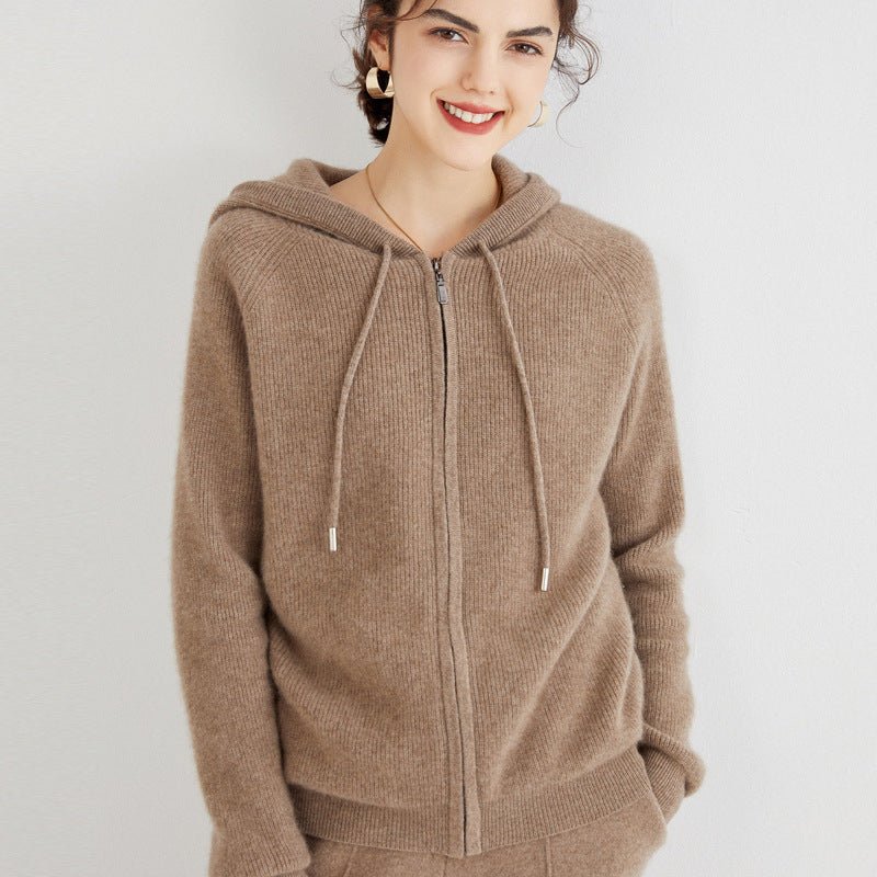 Womens Cashmere Zip - Up Hoodie Drawstring Knitted Cashmere Cardigan
