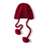 Womens Cashmere Knit Pom - Pom Hat with Ties Cute Cashmere Cap