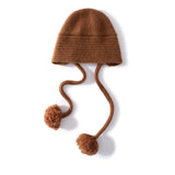 Womens Cashmere Knit Pom - Pom Hat with Ties Cute Cashmere Cap