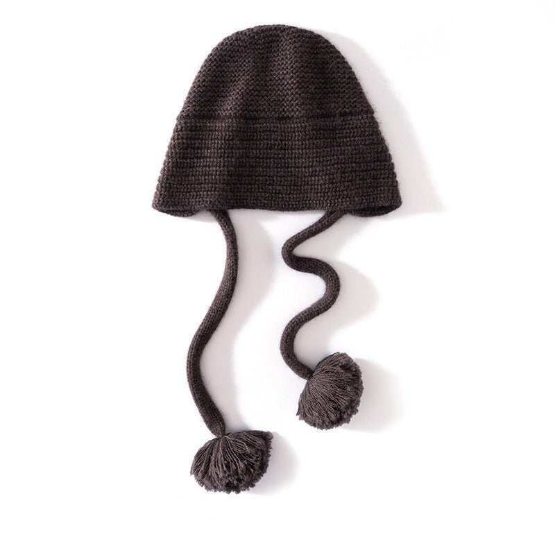 Womens Cashmere Knit Pom - Pom Hat with Ties Cute Cashmere Cap