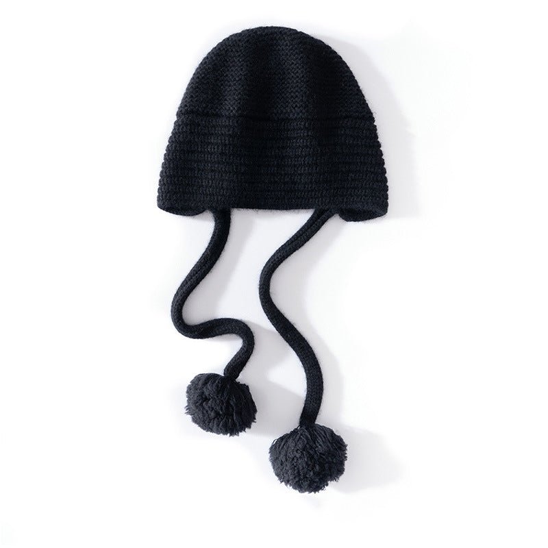 Womens Cashmere Knit Pom - Pom Hat with Ties Cute Cashmere Cap