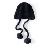 Womens Cashmere Knit Pom - Pom Hat with Ties Cute Cashmere Cap
