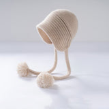 Womens Cashmere Knit Pom - Pom Hat with Ties Cute Cashmere Cap