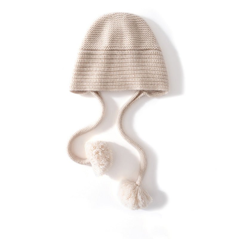 Womens Cashmere Knit Pom - Pom Hat with Ties Cute Cashmere Cap