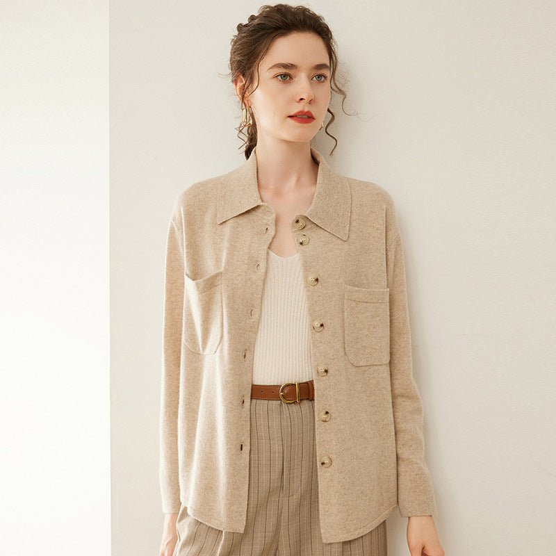 Womens Cashmere Shirt Cashmere Cardigan Button-Up Collared Sweater Camel XS