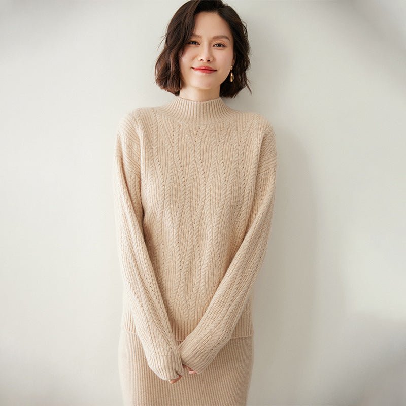 Womens Half Turtleneck Cashmere Sweater Knitted Cashmere Pullover Beige XS