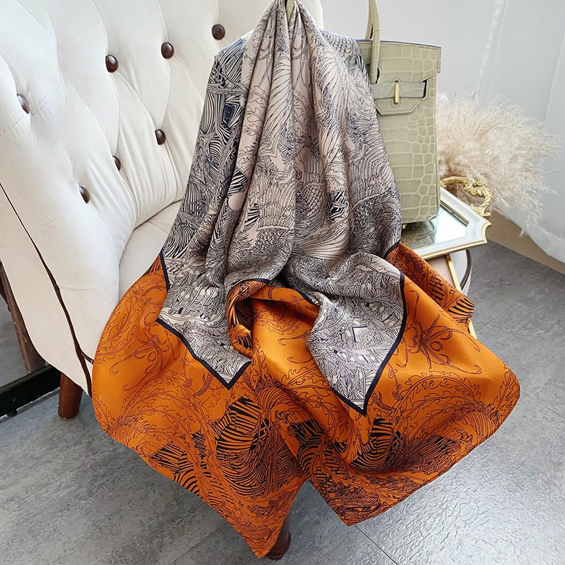 Womens Colorful Long Silk Scarf Landscape Print Square Silk Scarves