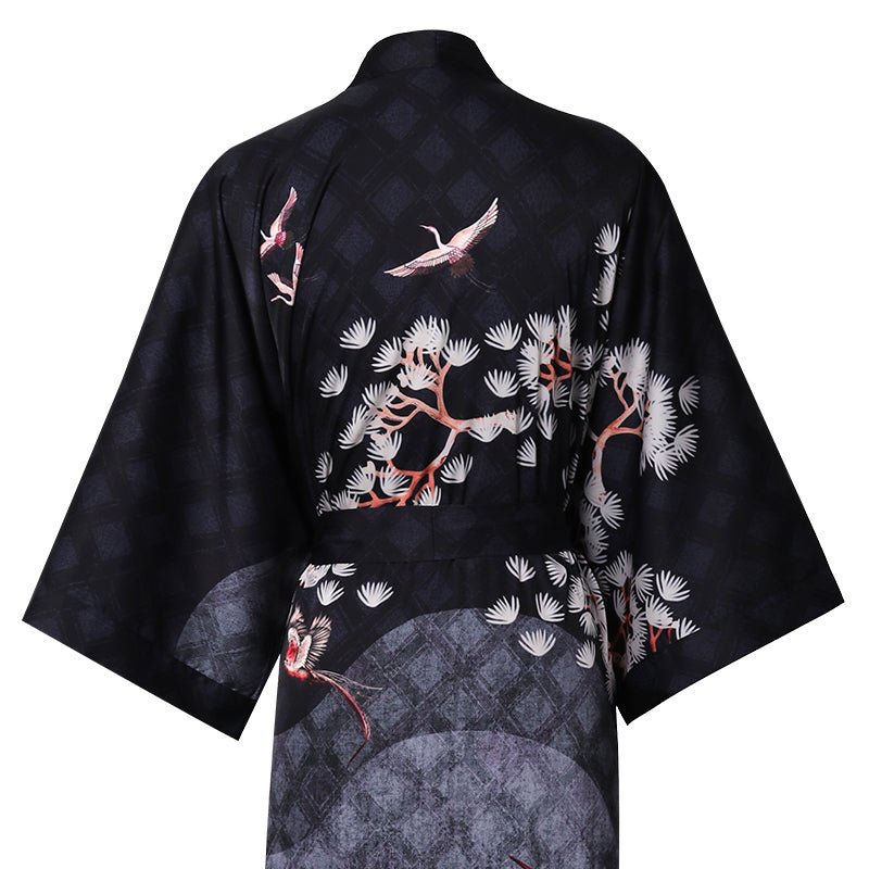 Women's Cranes Print Silk Kimono Robe Blossoms Silk Robe