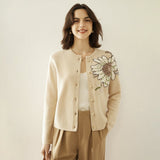 Womens Floral Embroidered Cashmere Cardigan Crew Neck Sunflower Coat