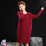 Womens Cashmere Knit Midi Dress Long Sleeve Boat Neck Cashmere Dress Red S