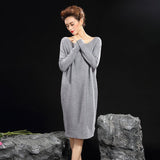 Womens Cashmere Knit Midi Dress Long Sleeve Boat Neck Cashmere Dress Gray S
