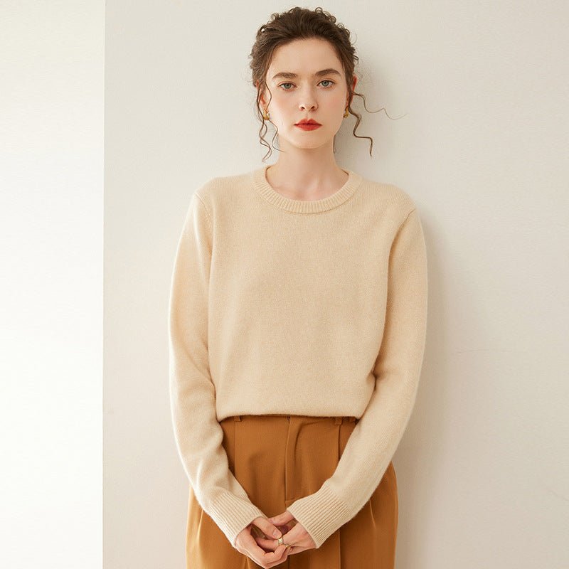 Womens Crew Neck Cashmere Sweater Cashmere Blouse for Fall Winter Beige XS