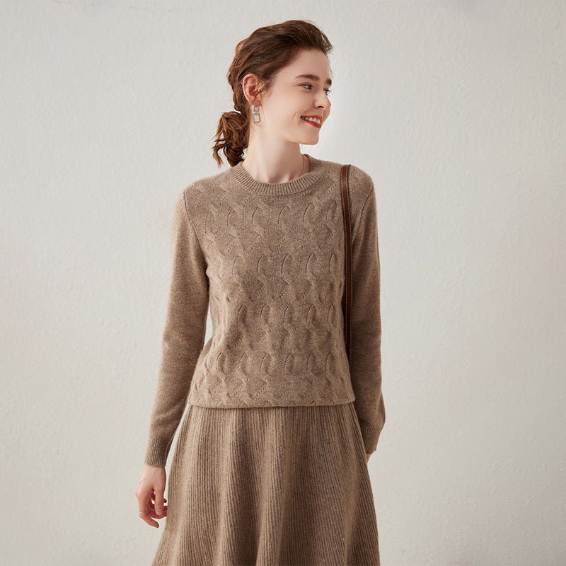 Womens Crew Neck Textured Knit Cashmere Sweater Pullover