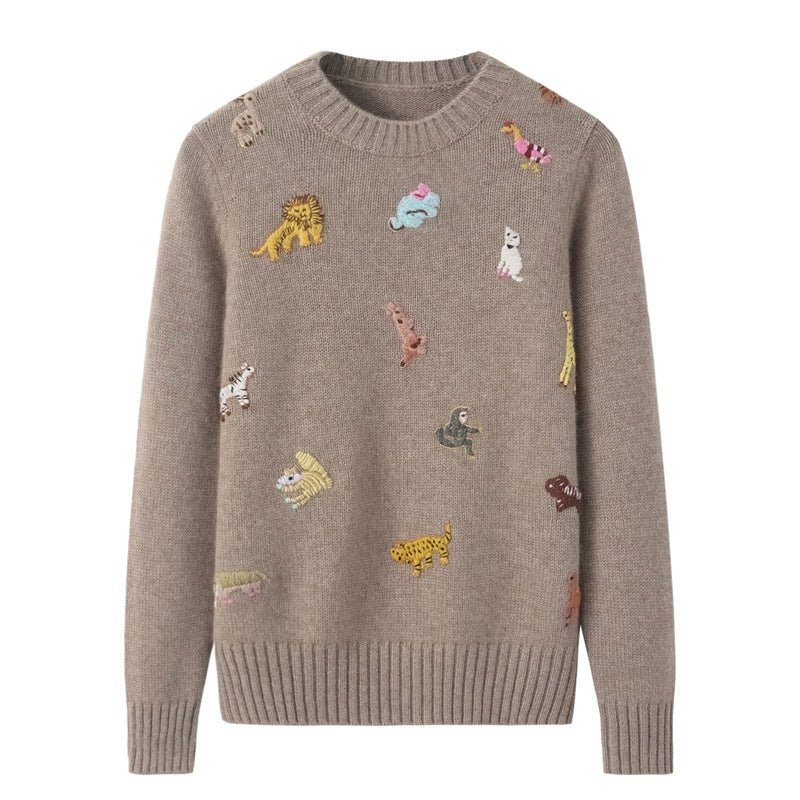Womens Crew Neck Cashmere Sweater Playful Animal Embroidery Pullover
