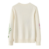 Womens Crew Neck Cashmere Sweater Colorful Floral Intarsia Pullover