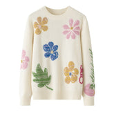 Womens Crew Neck Cashmere Sweater Colorful Floral Intarsia Pullover