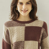 Womens Crew Neck Cashmere Sweater Warm Plaid Cashmere Knit Pullover