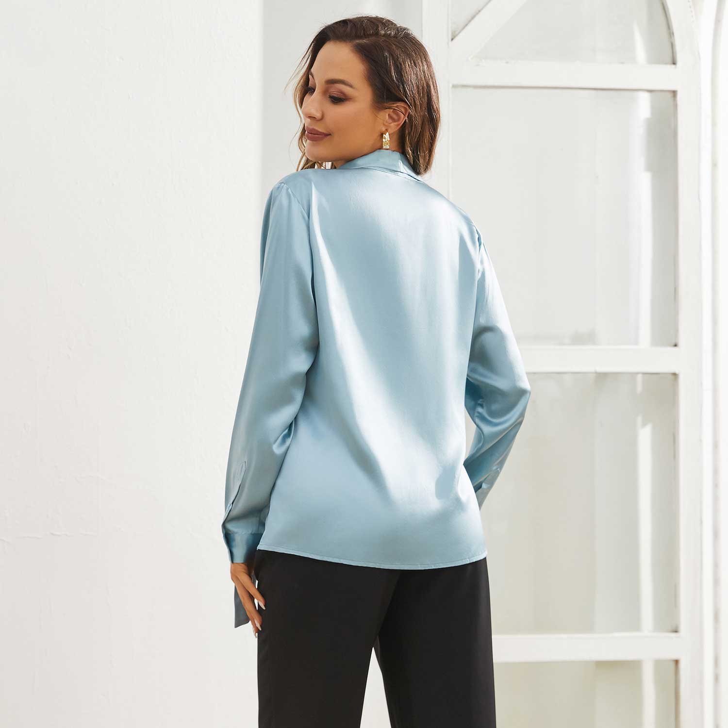 Womens Silk Blouse Long Sleeve Bow - tie Neck Silk Shirts