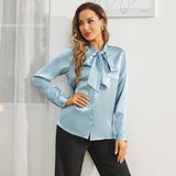 Womens Silk Blouse Long Sleeve Bow - tie Neck Silk Shirts
