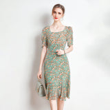 Womens Floral Silk Midi Dress Puff Sleeve Square Neck Silk Dresses Ivory XS