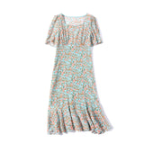 Womens Floral Silk Midi Dress Puff Sleeve Square Neck Silk Dresses Green XS