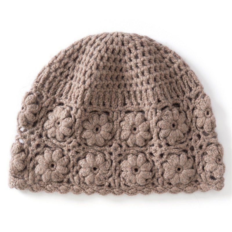 Womens Flower Knit Cashmere Beanie Hat Textured Floral Cashmere Hat Taupe M