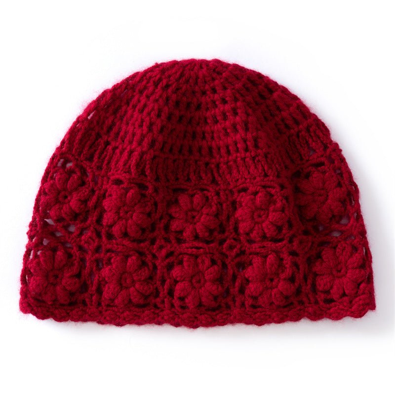 Womens Flower Knit Cashmere Beanie Hat Textured Floral Cashmere Hat Claret M