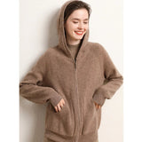 Womens Zip - Up Cashmere Hoodie Front Pockets Long Sleeve Cashmere Coat