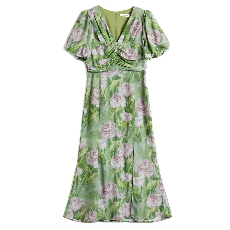 Womens Green Silk Floral Ruched Maxi Dress Slit Silk Dresses