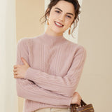 Womens Diamond Cable Knit Mock Neck Long Sleeve Cashmere Sweater Pink XS
