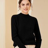 Womens Diamond Cable Knit Mock Neck Long Sleeve Cashmere Sweater Black XS