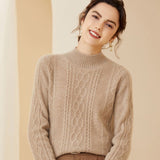Womens Diamond Cable Knit Mock Neck Long Sleeve Cashmere Sweater Camel XS