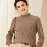 Womens Diamond Cable Knit Mock Neck Long Sleeve Cashmere Sweater Taupe XS