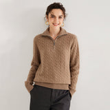 Womens Half-Zip Cable Knit Pure Cashmere Sweater Collared Cashmere Pullover Taupe XS