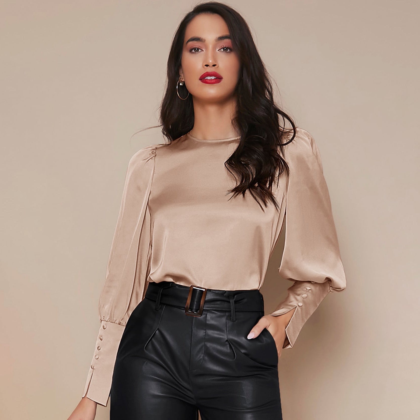 Women's Lantern Sleeve Silk Blouse Long Sleeves Silk Shirt