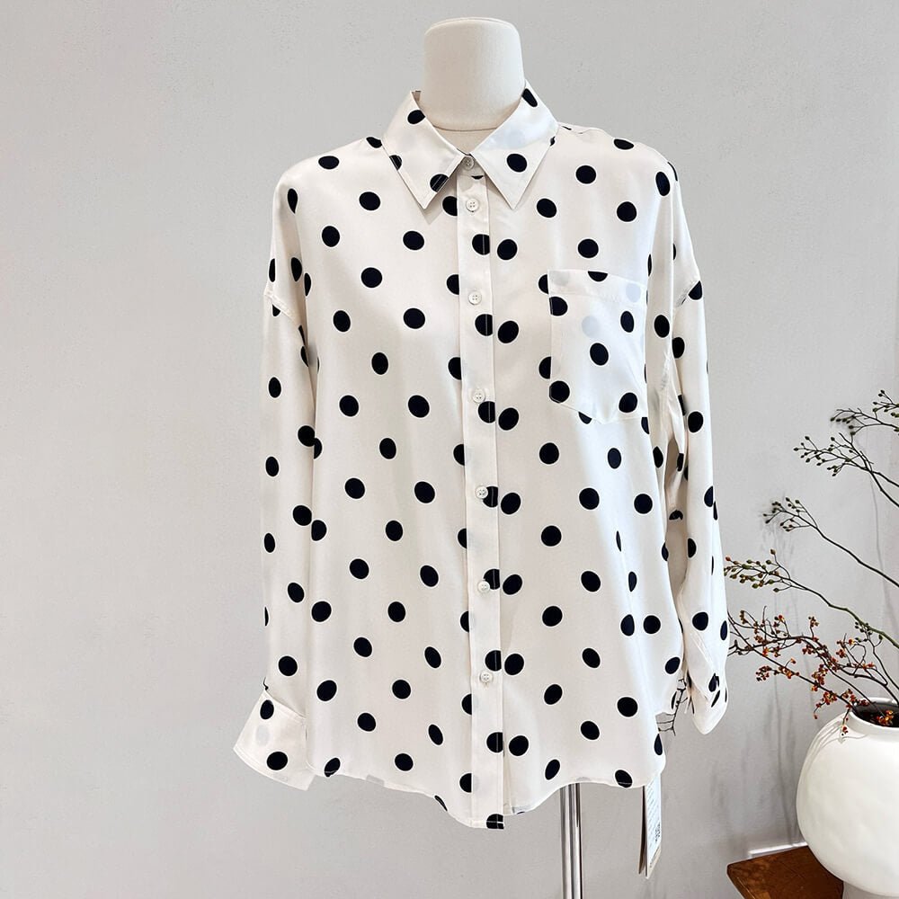 Womens Long Sleeve Silk Shirt Polka Dot Button - Up Silk Blouse